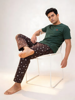Boxy Crew Men's Night Suit Set - Green T-Shirt & Brown Printed Lounge Pyjama, 100% Cotton Sleepwear, No-Mark Elastic, Invisible Zip Pocket, Drawcord, Dual Pockets, Relaxed Fit, – product image 6