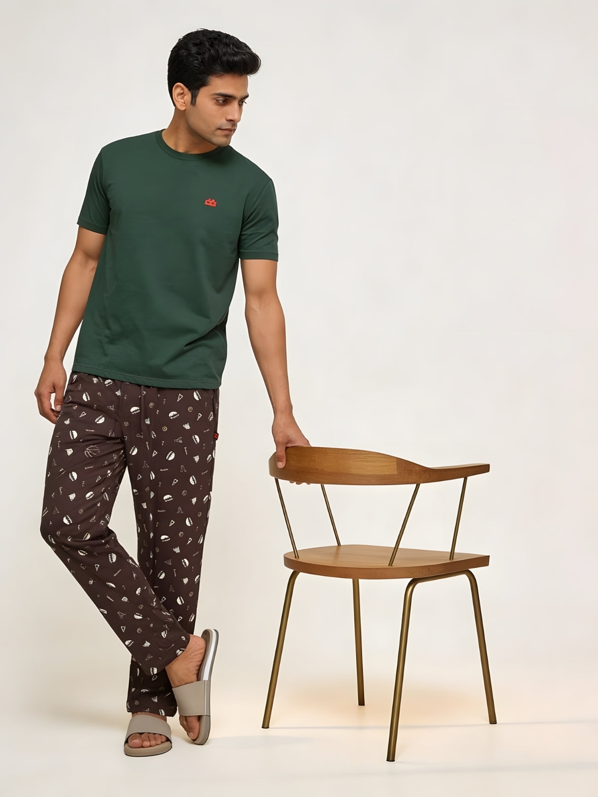 Boxy Crew Men's Night Suit Set - Green T-Shirt & Brown Printed Lounge Pyjama, 100% Cotton Sleepwear, No-Mark Elastic, Invisible Zip Pocket, Drawcord, Dual Pockets, Relaxed Fit, – product image 7