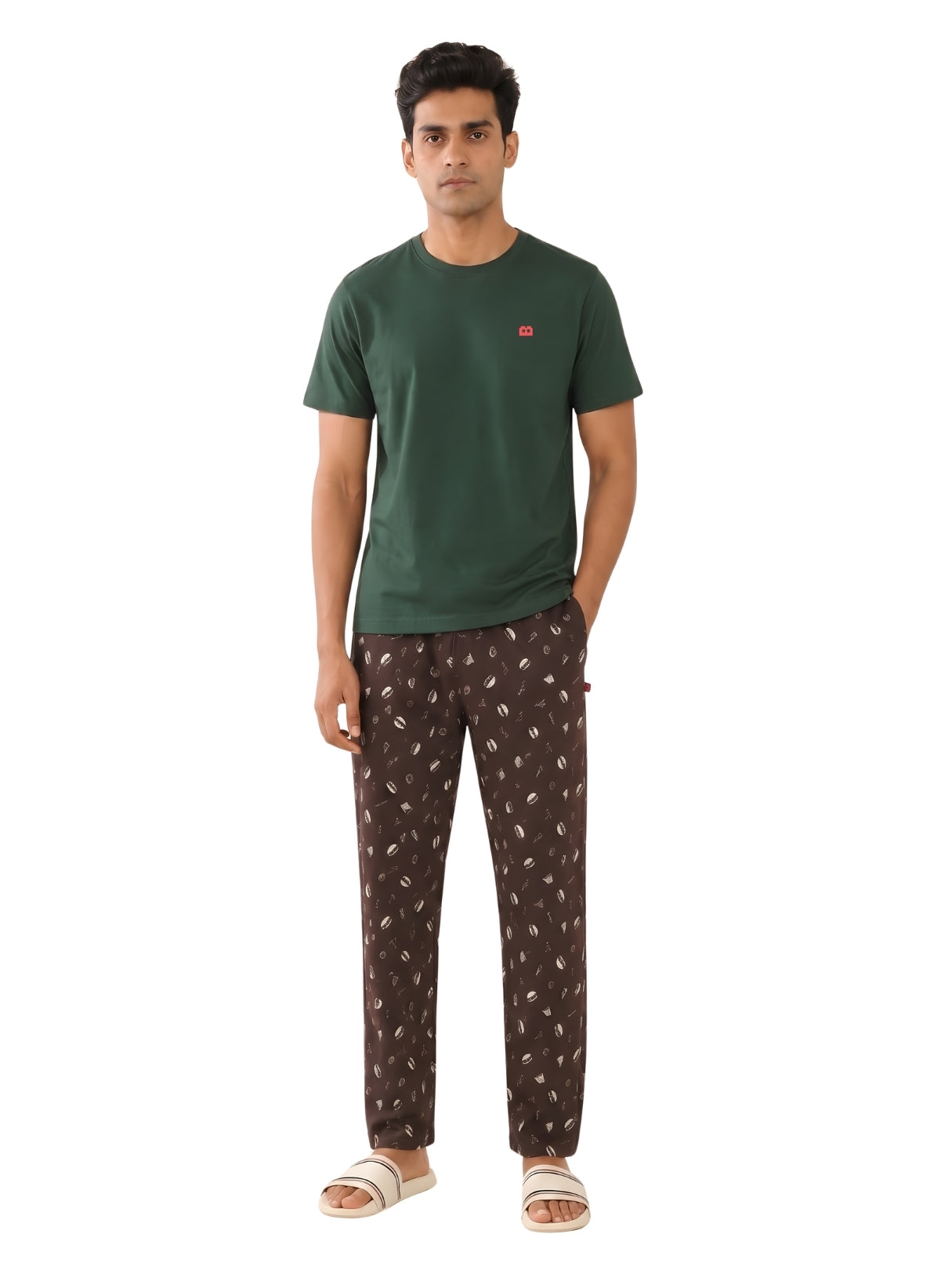 Boxy Crew Men's Night Suit Set - Green T-Shirt & Brown Printed Lounge Pyjama, 100% Cotton Sleepwear, No-Mark Elastic, Invisible Zip Pocket, Drawcord, Dual Pockets, Relaxed Fit, – product image 8