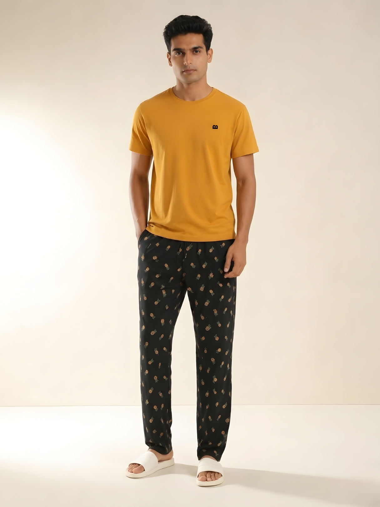 Boxy Crew Men's Night Suit Set - Mustard T-Shirt & Charcoal Printed Lounge Pyjama, 100% Cotton Sleepwear, No-Mark Elastic, Invisible Zip Pocket, Drawcord, Dual Pockets, – product image 1