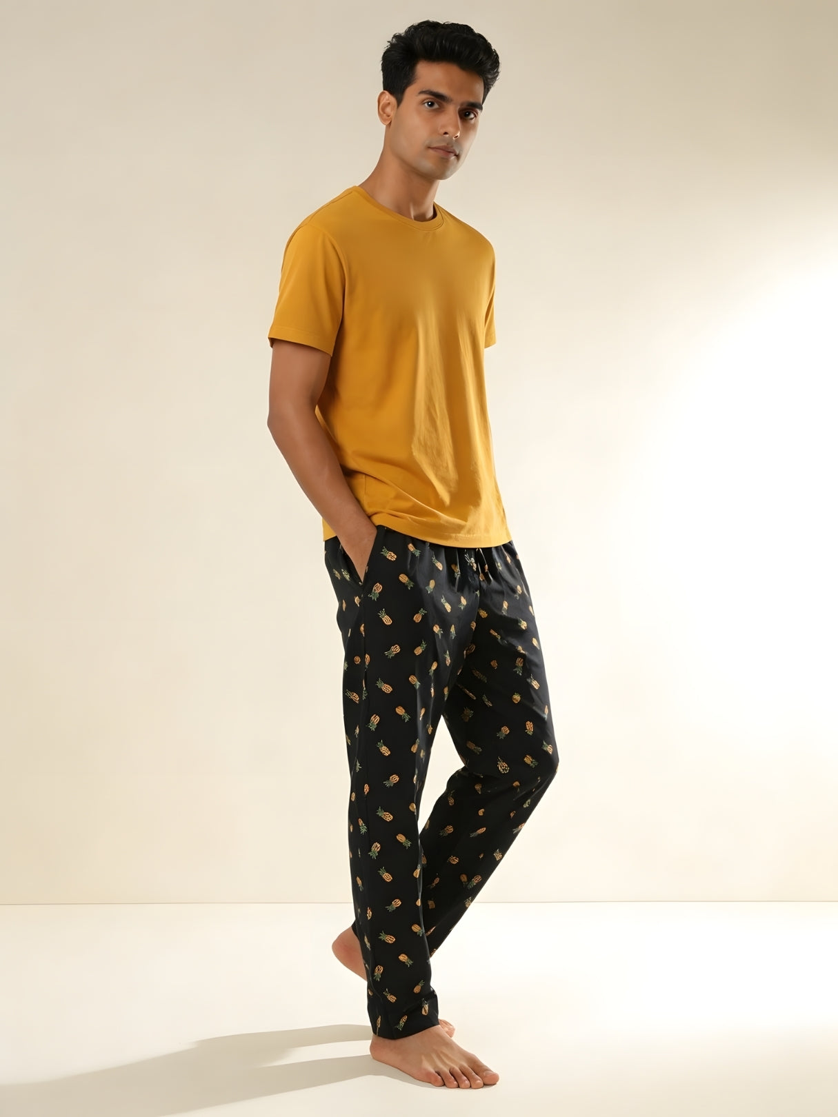 Boxy Crew Men's Night Suit Set - Mustard T-Shirt & Charcoal Printed Lounge Pyjama, 100% Cotton Sleepwear, No-Mark Elastic, Invisible Zip Pocket, Drawcord, Dual Pockets, – product image 2