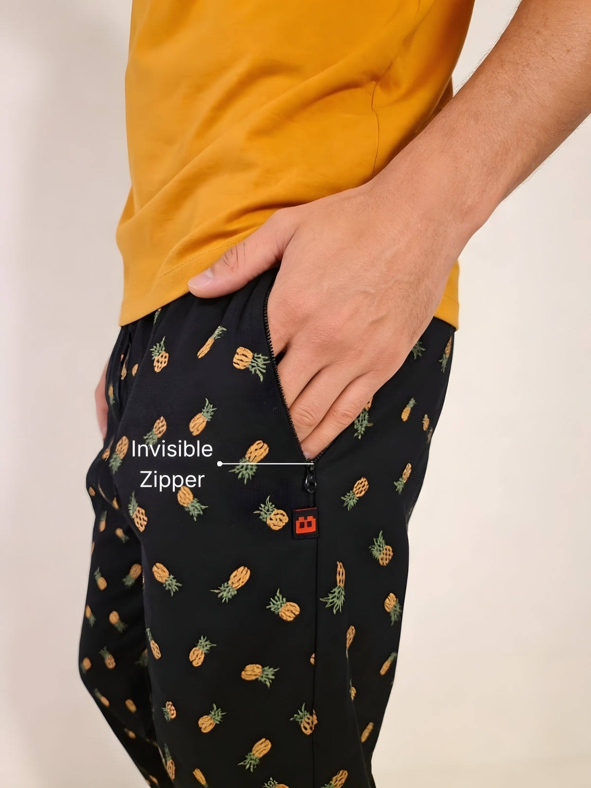 Boxy Crew Men's Night Suit Set - Mustard T-Shirt & Charcoal Printed Lounge Pyjama, 100% Cotton Sleepwear, No-Mark Elastic, Invisible Zip Pocket, Drawcord, Dual Pockets, – product image 4