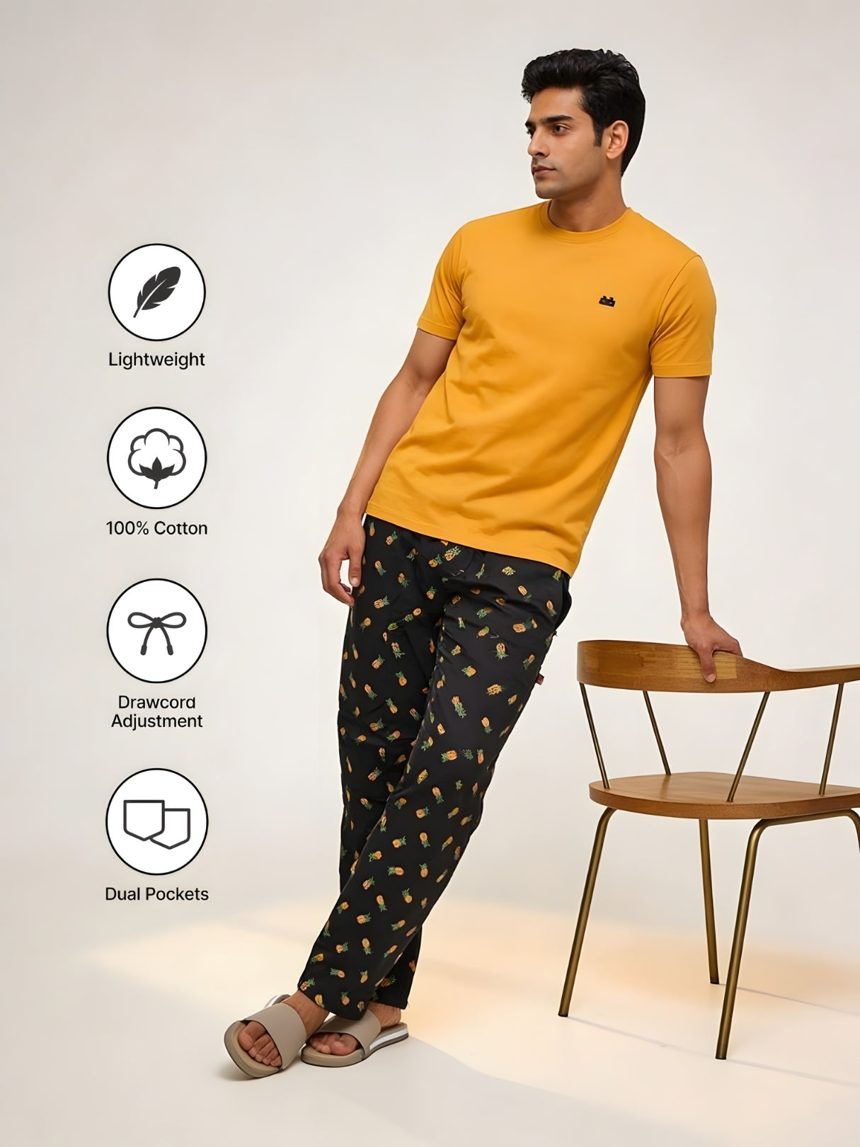 Boxy Crew Men's Night Suit Set - Mustard T-Shirt & Charcoal Printed Lounge Pyjama, 100% Cotton Sleepwear, No-Mark Elastic, Invisible Zip Pocket, Drawcord, Dual Pockets, – product image 5