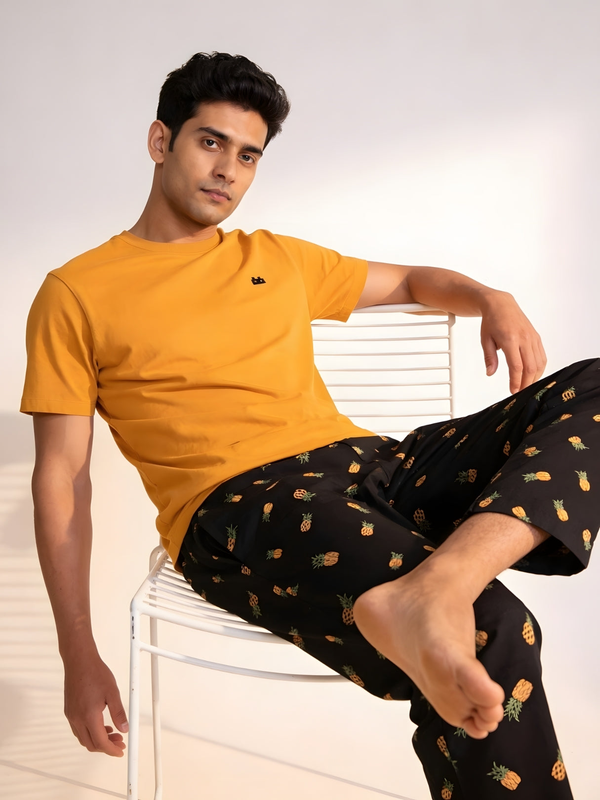 Boxy Crew Men's Night Suit Set - Mustard T-Shirt & Charcoal Printed Lounge Pyjama, 100% Cotton Sleepwear, No-Mark Elastic, Invisible Zip Pocket, Drawcord, Dual Pockets, – product image 6