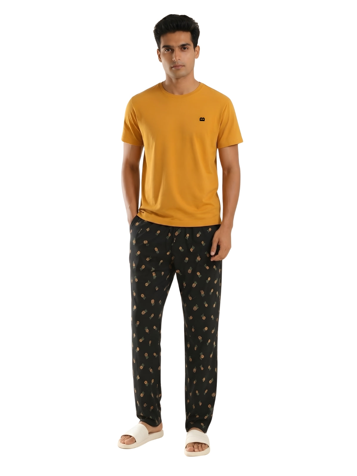 Boxy Crew Men's Night Suit Set - Mustard T-Shirt & Charcoal Printed Lounge Pyjama, 100% Cotton Sleepwear, No-Mark Elastic, Invisible Zip Pocket, Drawcord, Dual Pockets, – product image 8