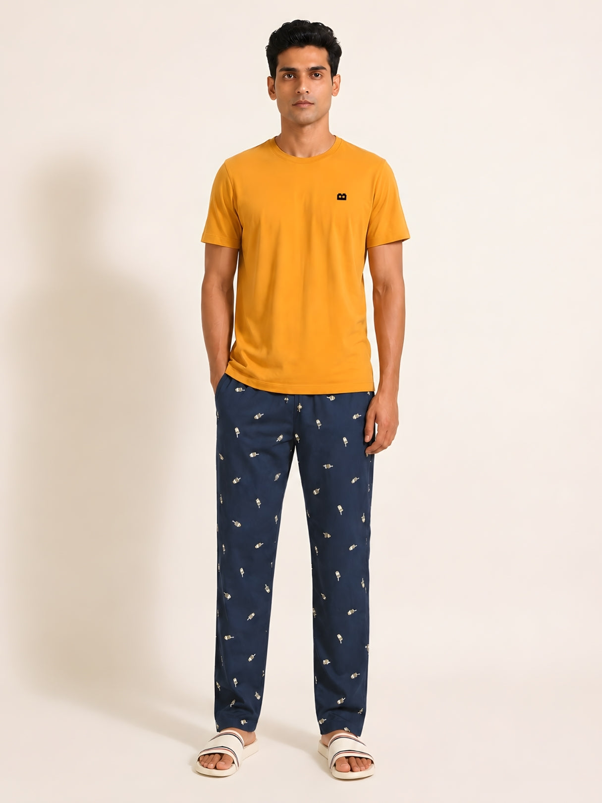 Boxy Crew Men's Night Suit Set - Mustard T-Shirt & Navy Blue Printed Lounge Pyjama, 100% Cotton Sleepwear, No-Mark Elastic, Invisible Zip Pocket, Drawcord, Dual Pockets, – product image 1