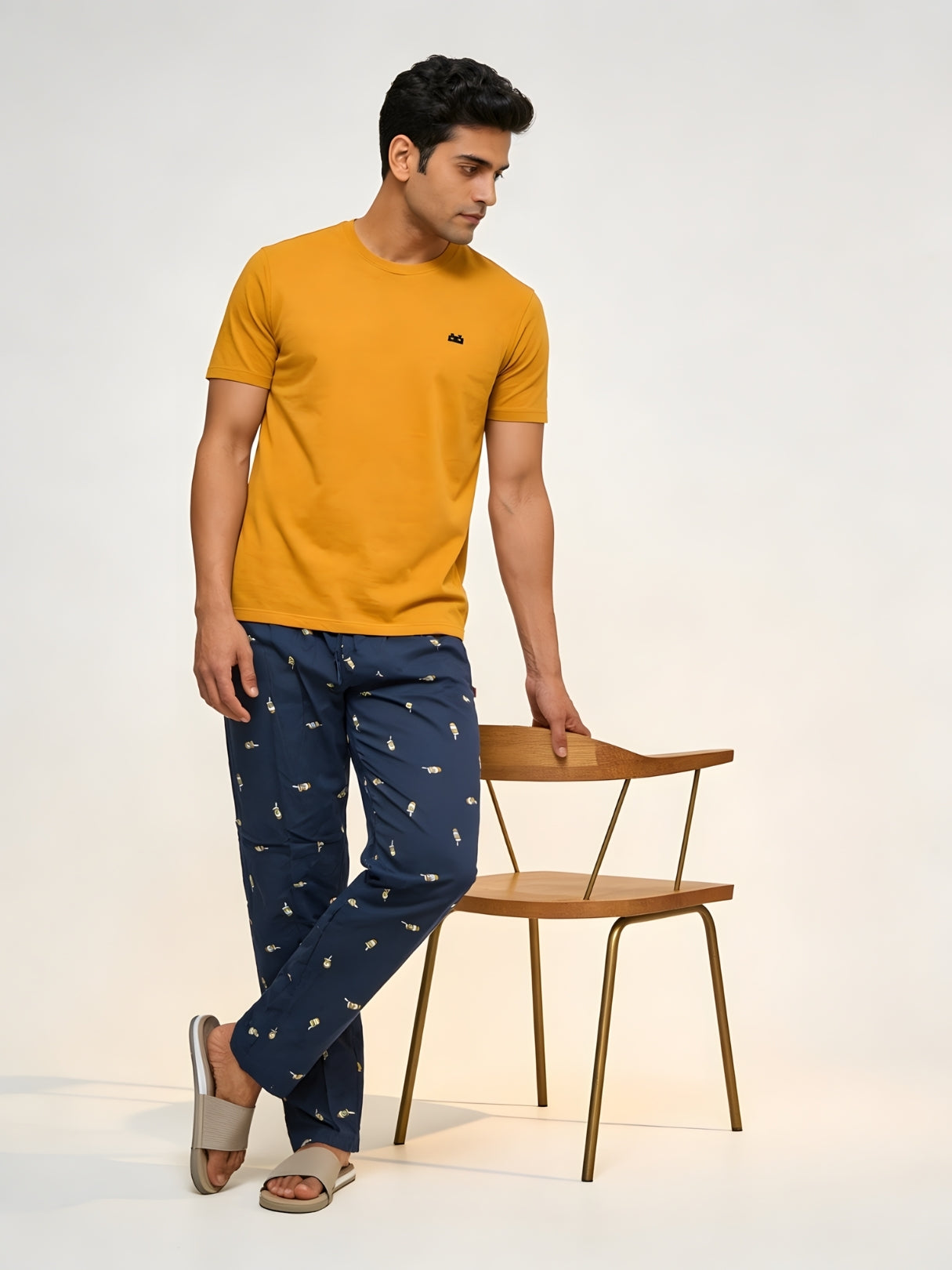Boxy Crew Men's Night Suit Set - Mustard T-Shirt & Navy Blue Printed Lounge Pyjama, 100% Cotton Sleepwear, No-Mark Elastic, Invisible Zip Pocket, Drawcord, Dual Pockets, – product image 2
