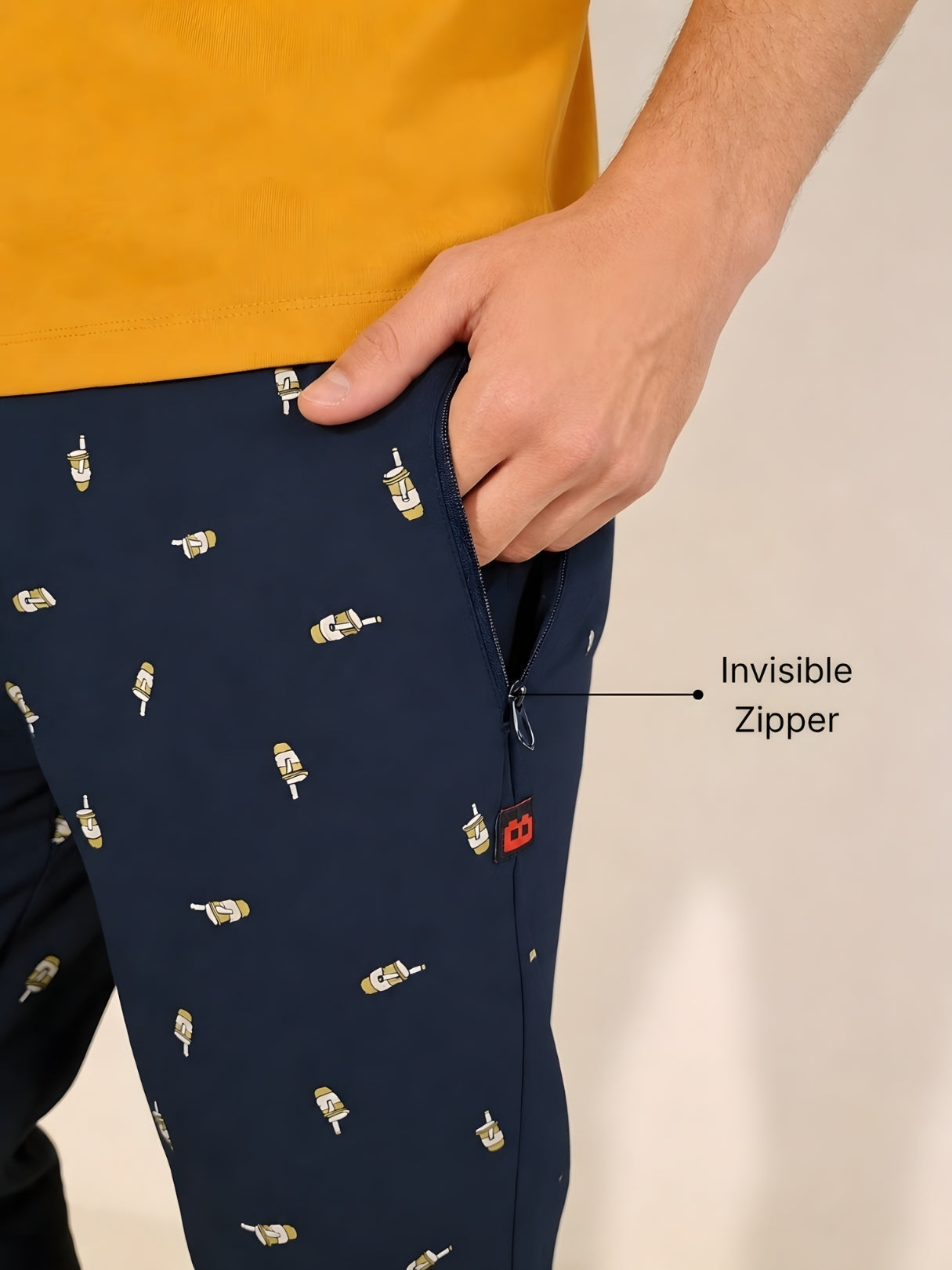 Boxy Crew Men's Night Suit Set - Mustard T-Shirt & Navy Blue Printed Lounge Pyjama, 100% Cotton Sleepwear, No-Mark Elastic, Invisible Zip Pocket, Drawcord, Dual Pockets, – product image 4