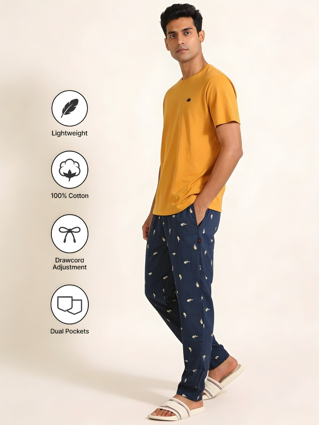 Boxy Crew Men's Night Suit Set - Mustard T-Shirt & Navy Blue Printed Lounge Pyjama, 100% Cotton Sleepwear, No-Mark Elastic, Invisible Zip Pocket, Drawcord, Dual Pockets, – product image 5