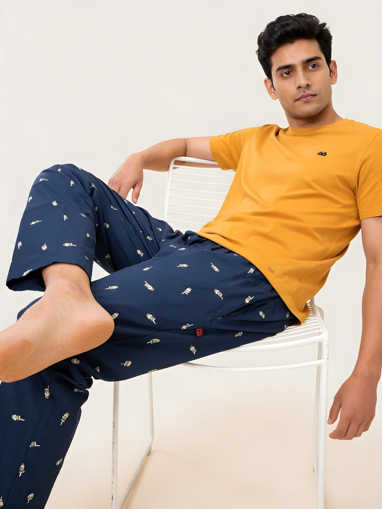 Boxy Crew Men's Night Suit Set - Mustard T-Shirt & Navy Blue Printed Lounge Pyjama, 100% Cotton Sleepwear, No-Mark Elastic, Invisible Zip Pocket, Drawcord, Dual Pockets, – product image 6