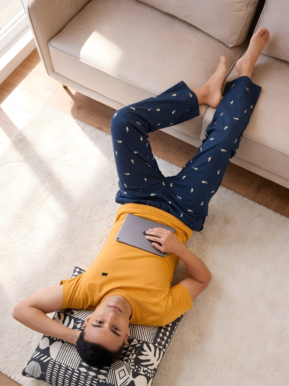Boxy Crew Men's Night Suit Set - Mustard T-Shirt & Navy Blue Printed Lounge Pyjama, 100% Cotton Sleepwear, No-Mark Elastic, Invisible Zip Pocket, Drawcord, Dual Pockets, – product image 7