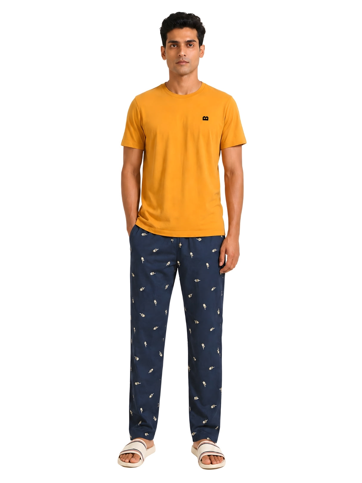 Boxy Crew Men's Night Suit Set - Mustard T-Shirt & Navy Blue Printed Lounge Pyjama, 100% Cotton Sleepwear, No-Mark Elastic, Invisible Zip Pocket, Drawcord, Dual Pockets, – product image 8