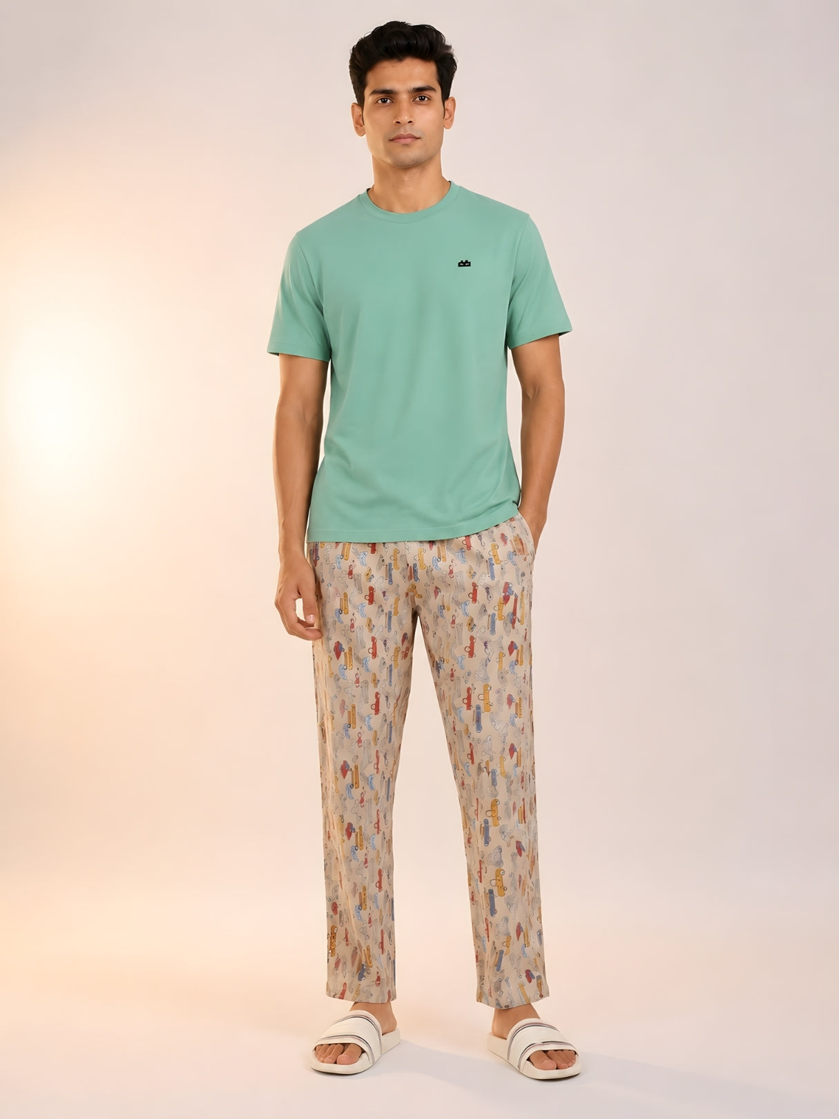 Boxy Crew Men's Night Suit Set - Pista Green T-Shirt & Beige Printed Lounge Pyjama, 100% Cotton Sleepwear, No-Mark Elastic, Invisible Zip Pocket, Drawcord, Dual Pockets, – product image 1