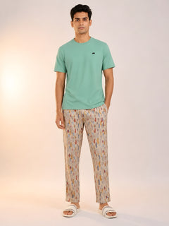 Boxy Crew Men's Night Suit Set - Pista Green T-Shirt & Beige Printed Lounge Pyjama, 100% Cotton Sleepwear, No-Mark Elastic, Invisible Zip Pocket, Drawcord, Dual Pockets, – product image 1