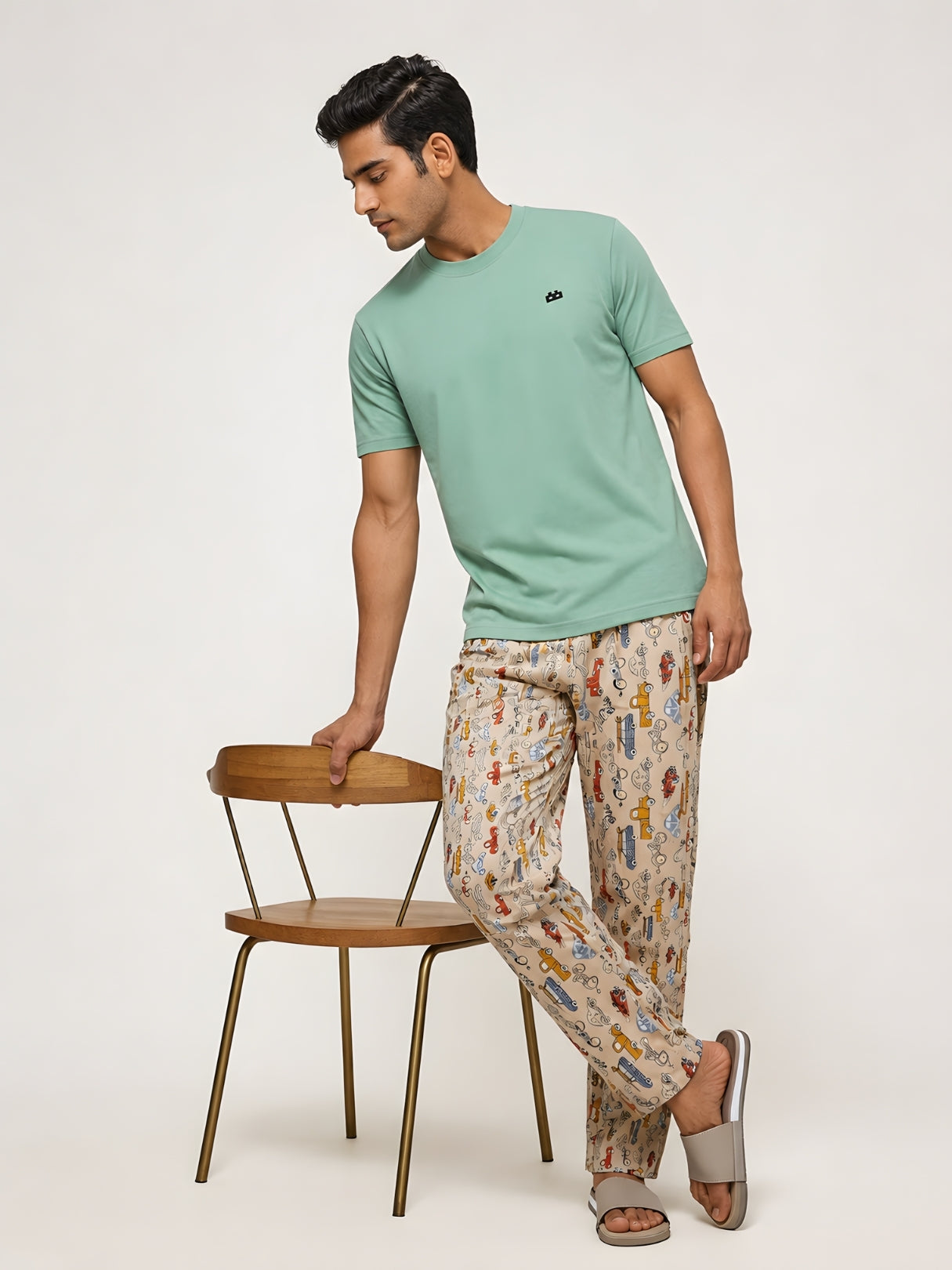Boxy Crew Men's Night Suit Set - Pista Green T-Shirt & Beige Printed Lounge Pyjama, 100% Cotton Sleepwear, No-Mark Elastic, Invisible Zip Pocket, Drawcord, Dual Pockets, – product image 2