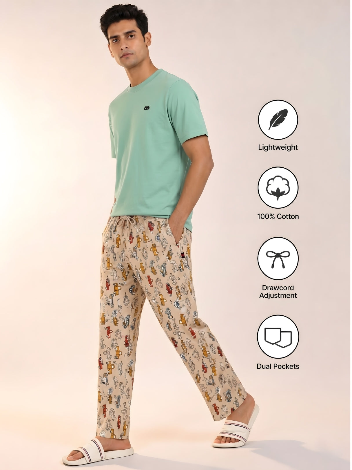 Boxy Crew Men's Night Suit Set - Pista Green T-Shirt & Beige Printed Lounge Pyjama, 100% Cotton Sleepwear, No-Mark Elastic, Invisible Zip Pocket, Drawcord, Dual Pockets, – product image 5