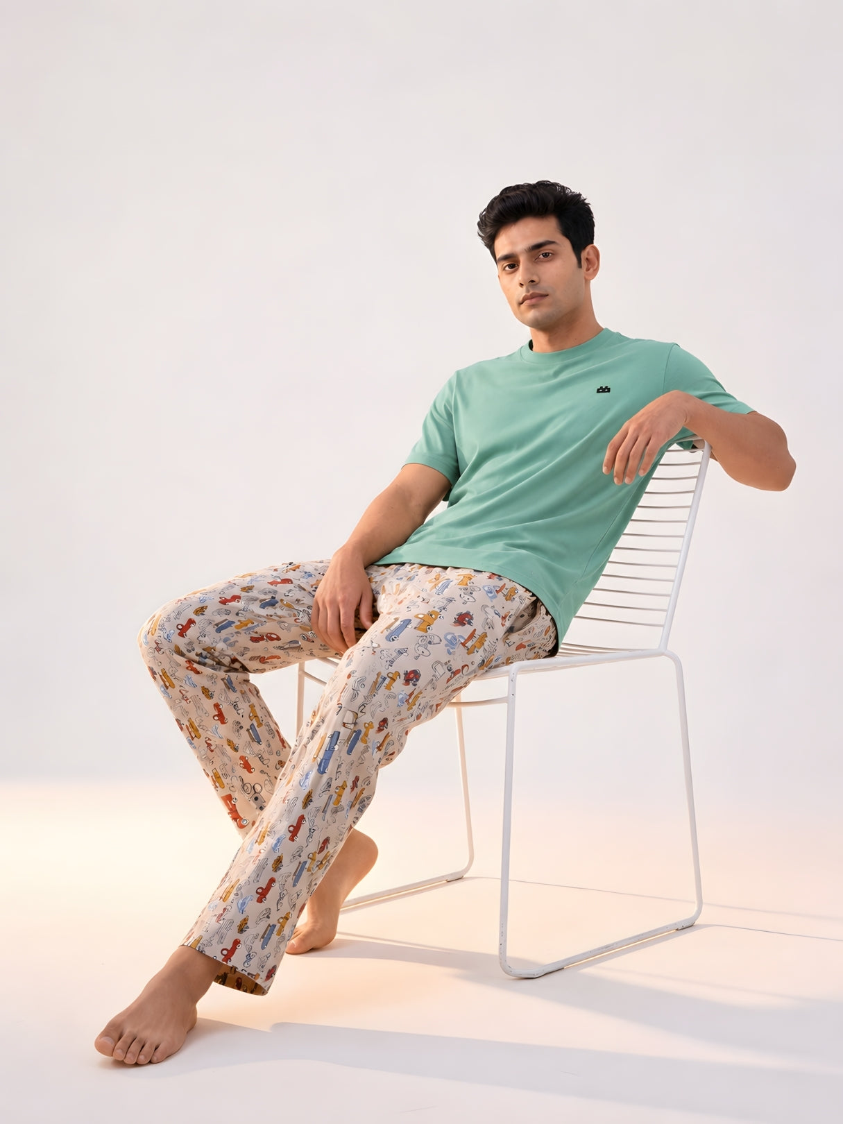 Boxy Crew Men's Night Suit Set - Pista Green T-Shirt & Beige Printed Lounge Pyjama, 100% Cotton Sleepwear, No-Mark Elastic, Invisible Zip Pocket, Drawcord, Dual Pockets, – product image 6