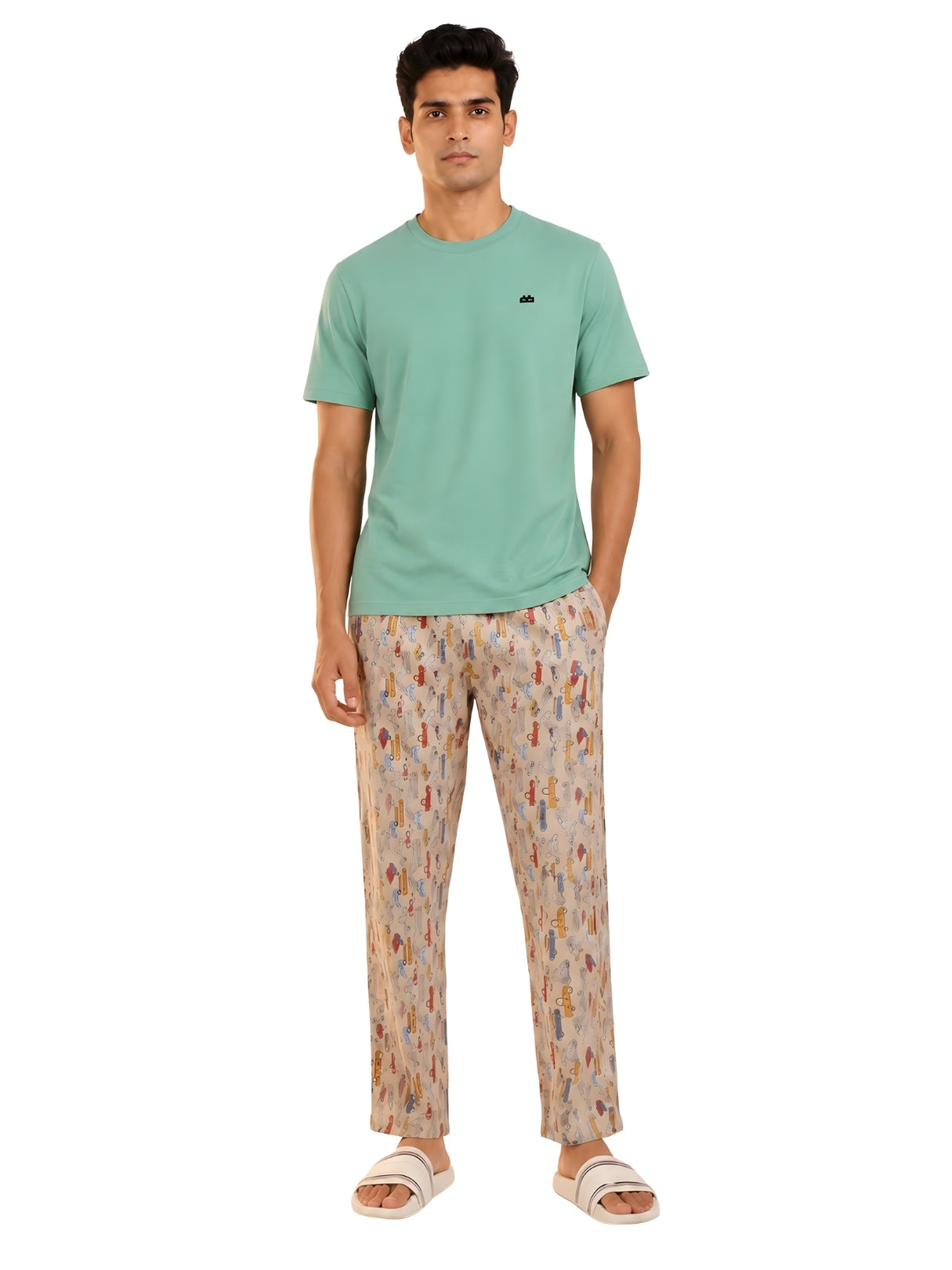 Boxy Crew Men's Night Suit Set - Pista Green T-Shirt & Beige Printed Lounge Pyjama, 100% Cotton Sleepwear, No-Mark Elastic, Invisible Zip Pocket, Drawcord, Dual Pockets, – product image 8