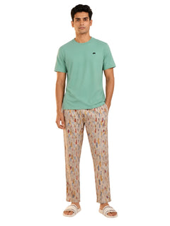 Boxy Crew Men's Night Suit Set - Pista Green T-Shirt & Beige Printed Lounge Pyjama, 100% Cotton Sleepwear, No-Mark Elastic, Invisible Zip Pocket, Drawcord, Dual Pockets, – product image 8