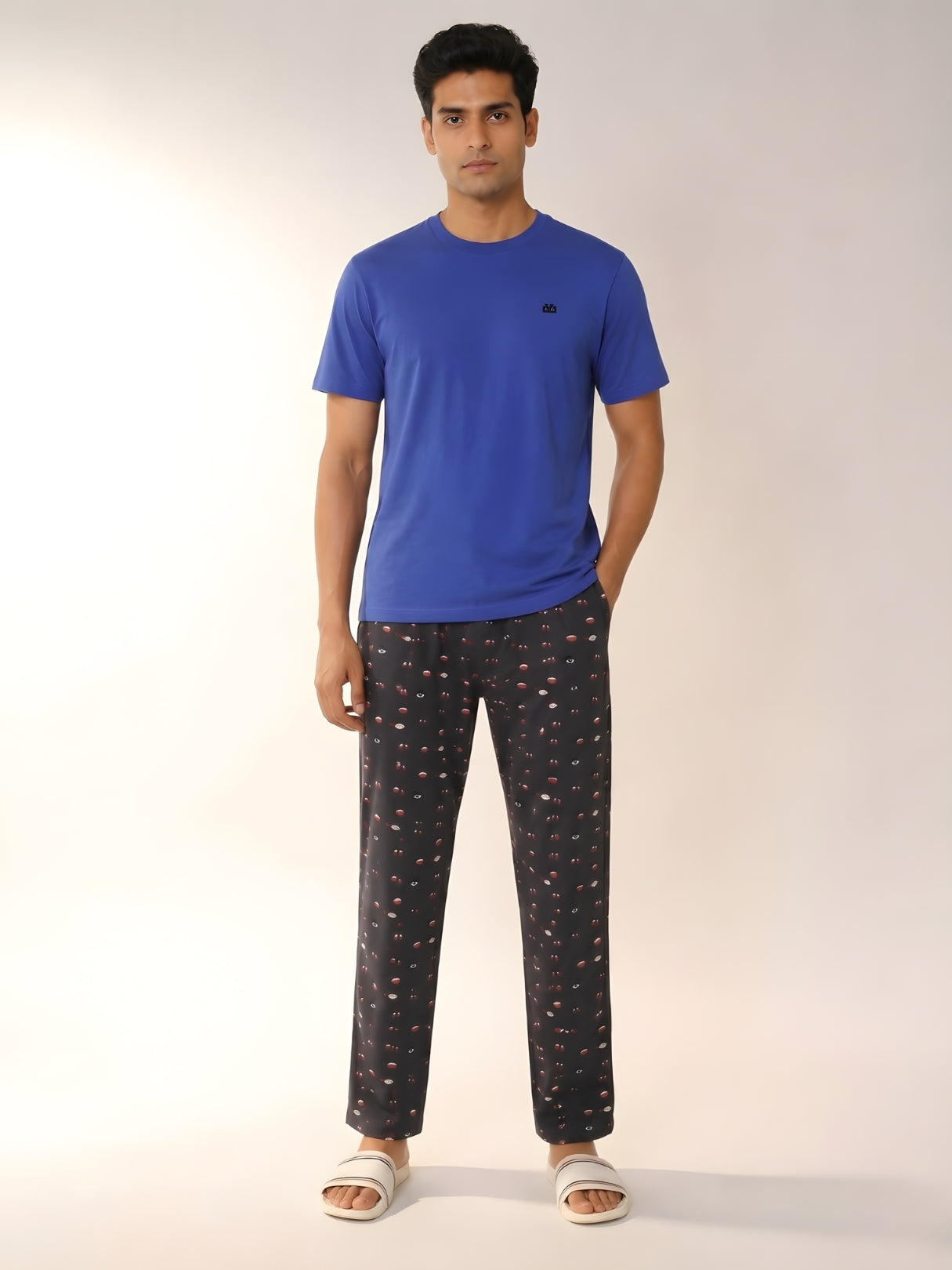 Boxy Crew Men's Night Suit Set - Royal Blue T-Shirt & Charcoal Printed Lounge Pyjama, 100% Cotton Sleepwear, No-Mark Elastic, Invisible Zip Pocket, Drawcord, Dual Pockets, – product image 1