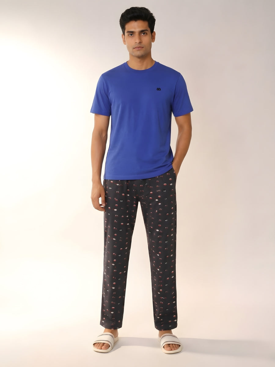 Boxy Crew Men's Night Suit Set - Royal Blue T-Shirt & Charcoal Printed Lounge Pyjama, 100% Cotton Sleepwear, No-Mark Elastic, Invisible Zip Pocket, Drawcord, Dual Pockets, – product image 1