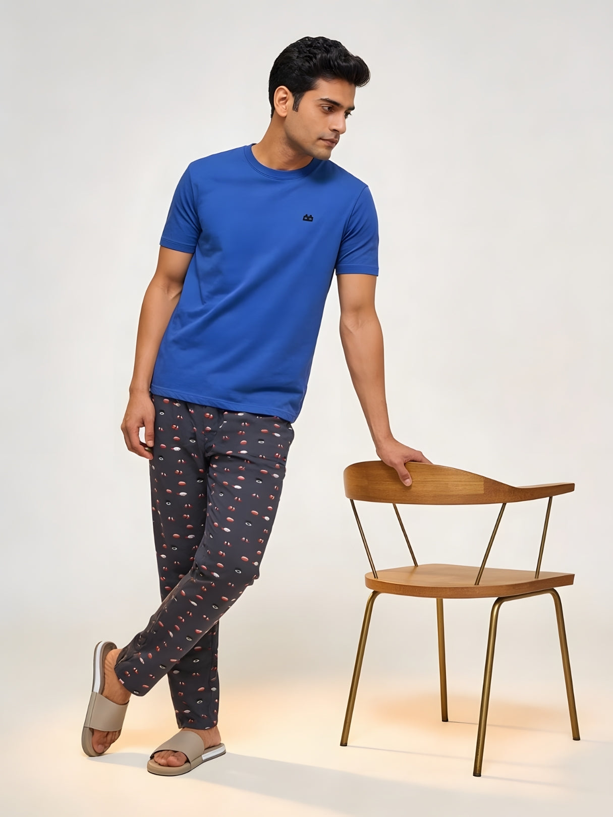 Boxy Crew Men's Night Suit Set - Royal Blue T-Shirt & Charcoal Printed Lounge Pyjama, 100% Cotton Sleepwear, No-Mark Elastic, Invisible Zip Pocket, Drawcord, Dual Pockets, – product image 2