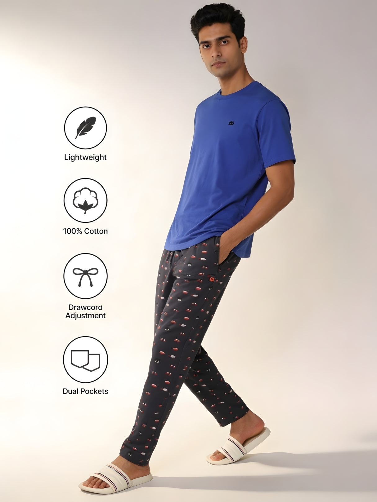 Boxy Crew Men's Night Suit Set - Royal Blue T-Shirt & Charcoal Printed Lounge Pyjama, 100% Cotton Sleepwear, No-Mark Elastic, Invisible Zip Pocket, Drawcord, Dual Pockets, – product image 5