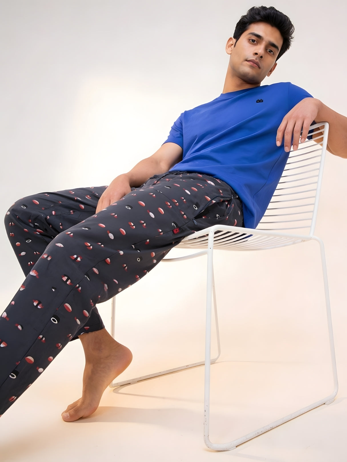 Boxy Crew Men's Night Suit Set - Royal Blue T-Shirt & Charcoal Printed Lounge Pyjama, 100% Cotton Sleepwear, No-Mark Elastic, Invisible Zip Pocket, Drawcord, Dual Pockets, – product image 6
