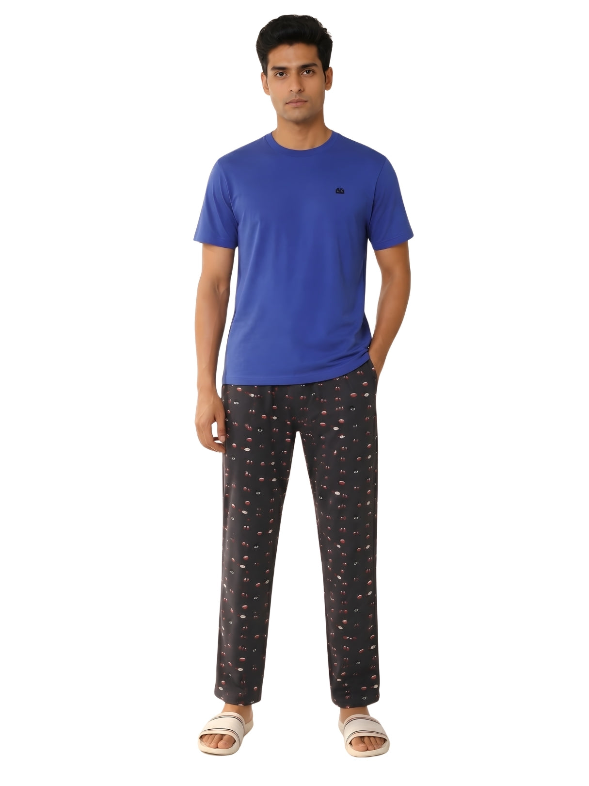 Boxy Crew Men's Night Suit Set - Royal Blue T-Shirt & Charcoal Printed Lounge Pyjama, 100% Cotton Sleepwear, No-Mark Elastic, Invisible Zip Pocket, Drawcord, Dual Pockets, – product image 8