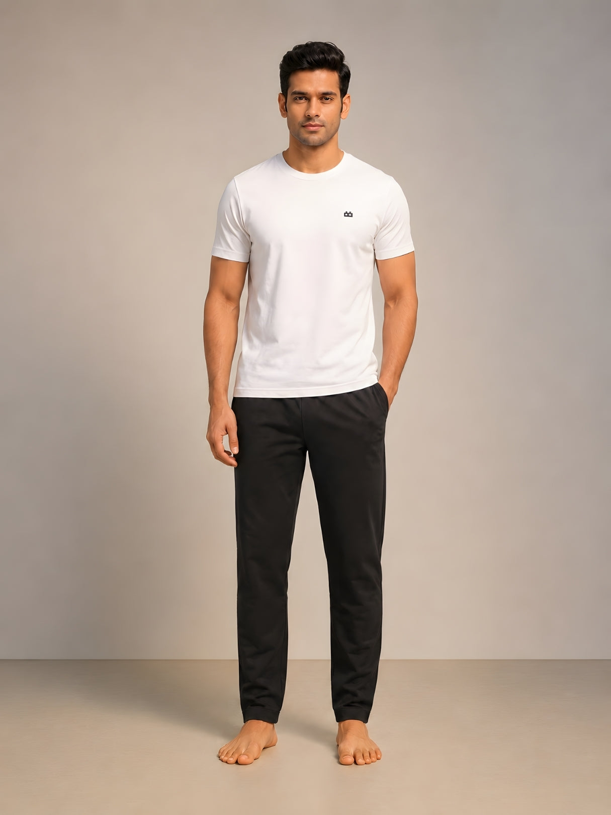 Boxy Crew Men's Night Suit Set - White T-Shirt & Black Solid Lounge Pyjama, 100% Cotton Sleepwear, No-Mark Elastic, Invisible Zip Pocket, Drawcord, Dual Pockets, Relaxed Fit, – product image 1