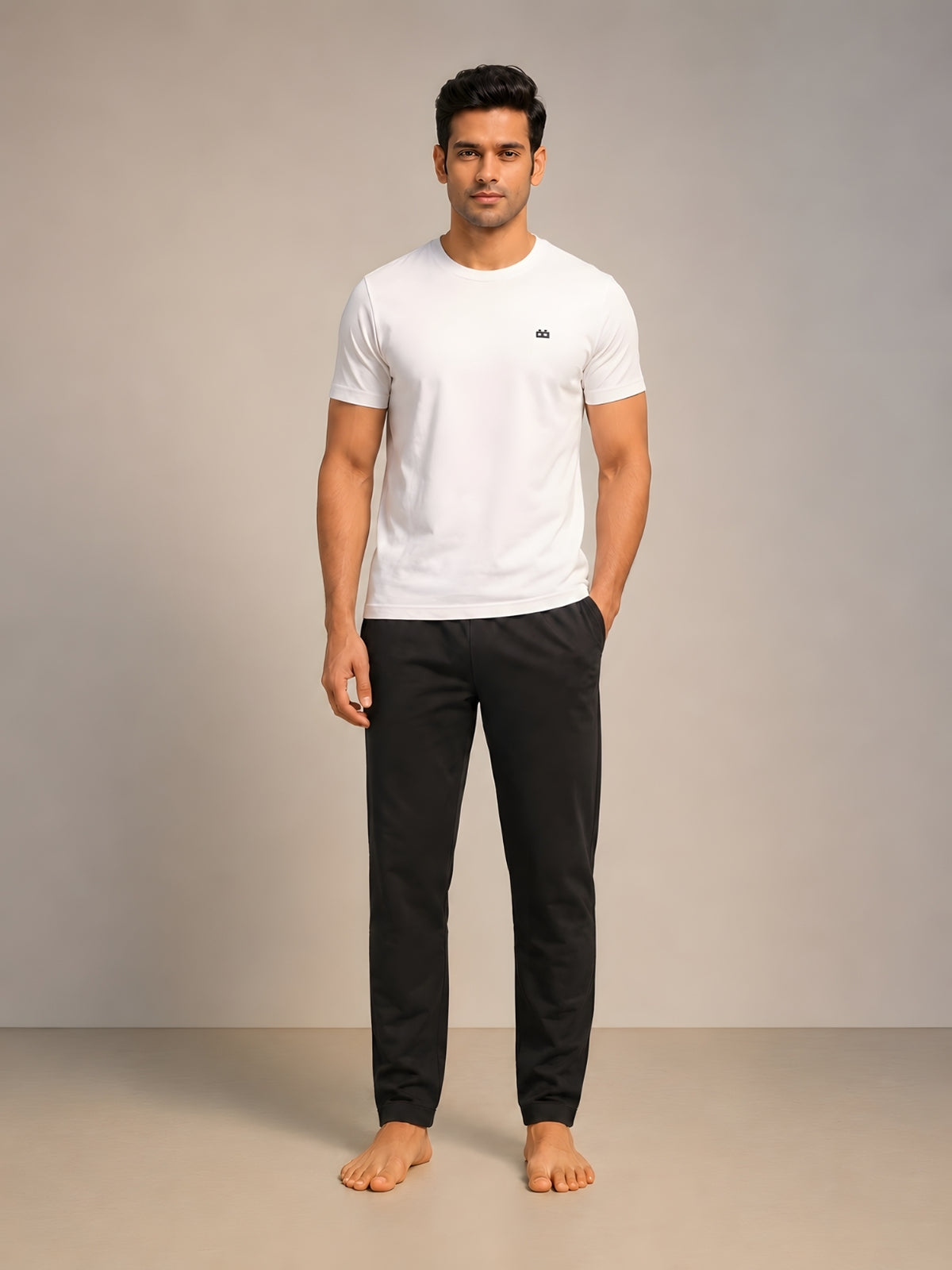 Boxy Crew Men's Night Suit Set - White T-Shirt & Black Solid Lounge Pyjama, 100% Cotton Sleepwear, No-Mark Elastic, Invisible Zip Pocket, Drawcord, Dual Pockets, Relaxed Fit, – product image 1