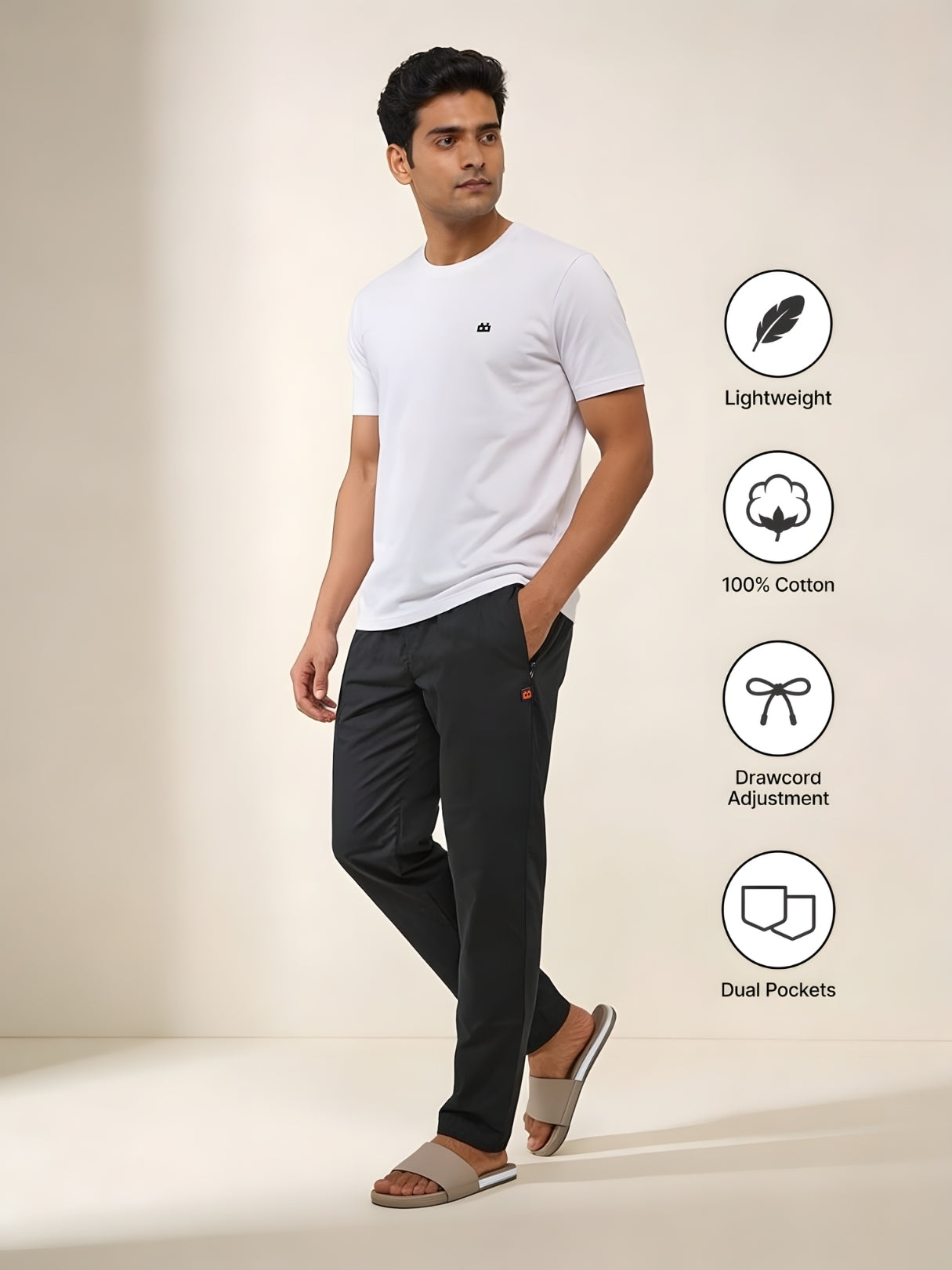Boxy Crew Men's Night Suit Set - White T-Shirt & Black Solid Lounge Pyjama, 100% Cotton Sleepwear, No-Mark Elastic, Invisible Zip Pocket, Drawcord, Dual Pockets, Relaxed Fit, – product image 5