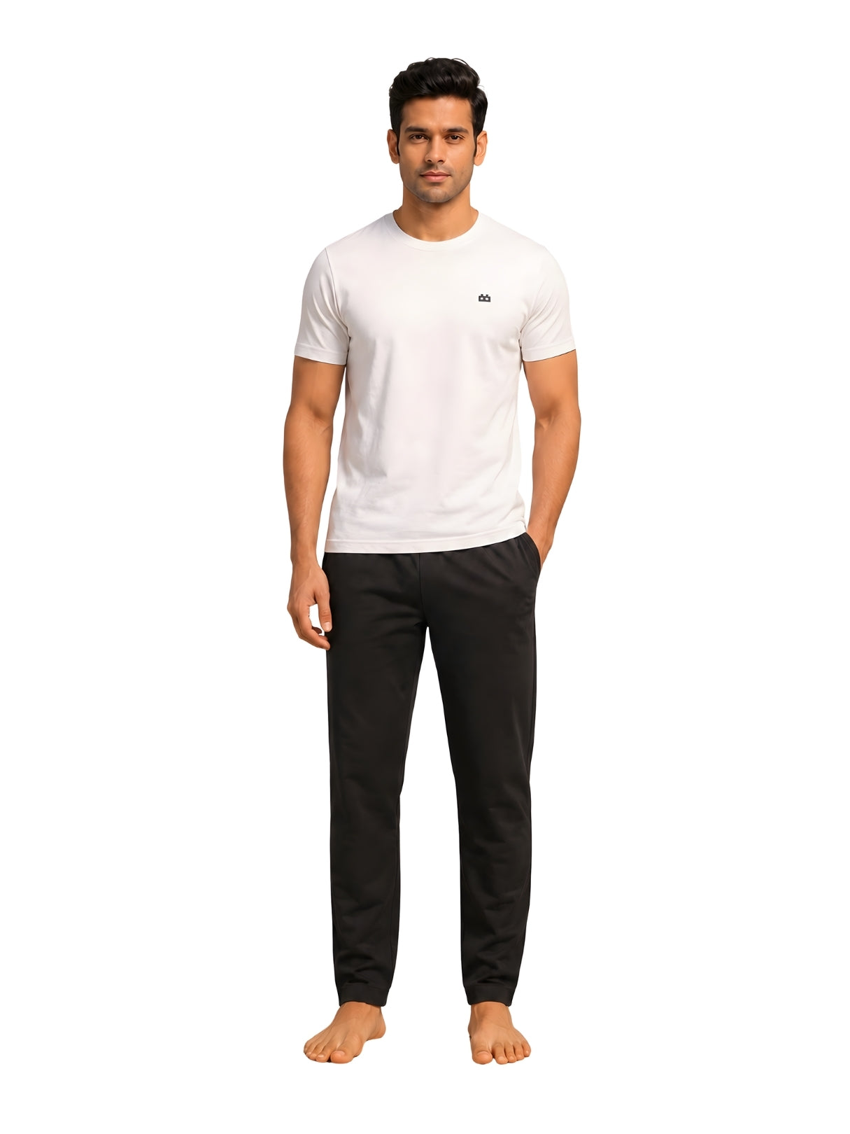 Boxy Crew Men's Night Suit Set - White T-Shirt & Black Solid Lounge Pyjama, 100% Cotton Sleepwear, No-Mark Elastic, Invisible Zip Pocket, Drawcord, Dual Pockets, Relaxed Fit, – product image 8