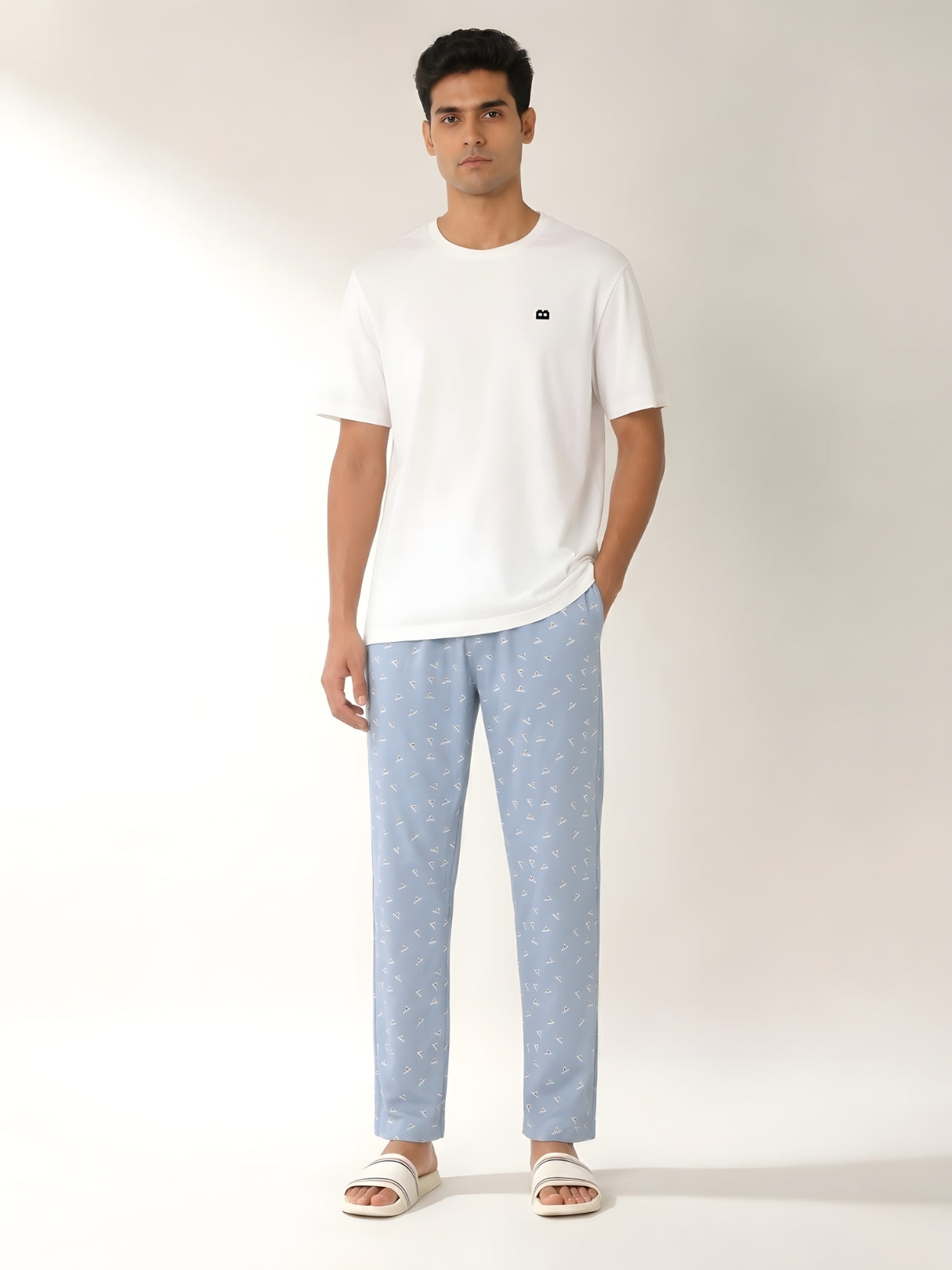 Boxy Crew Men's Night Suit Set - White T-Shirt & Sky Blue Printed Lounge Pyjama, 100% Cotton Sleepwear, No-Mark Elastic, Invisible Zip Pocket, Drawcord, Dual Pockets, – product image 1