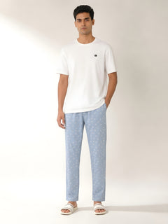 Boxy Crew Men's Night Suit Set - White T-Shirt & Sky Blue Printed Lounge Pyjama, 100% Cotton Sleepwear, No-Mark Elastic, Invisible Zip Pocket, Drawcord, Dual Pockets, – product image 1