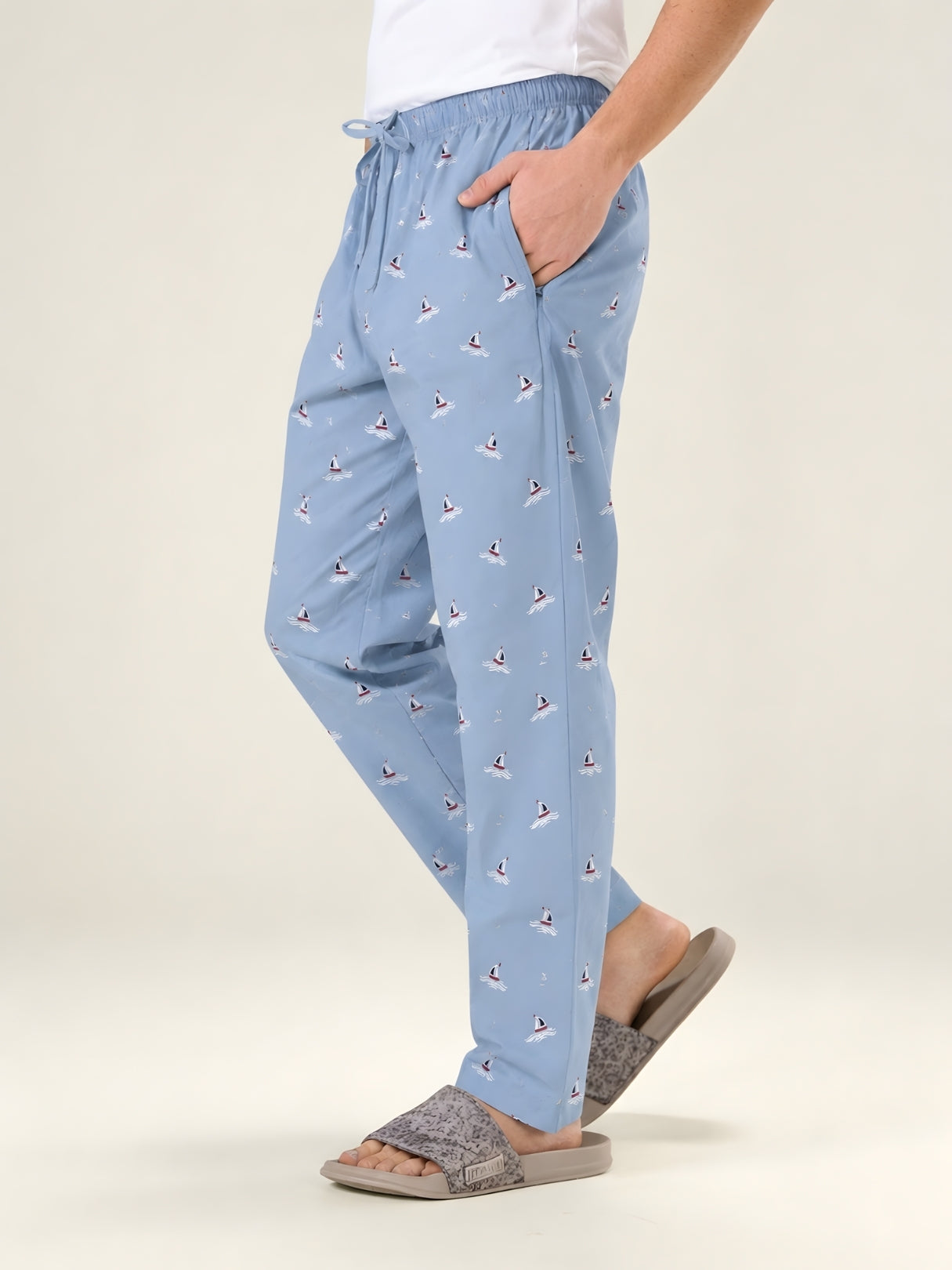 Boxy Crew Men's Night Suit Set - White T-Shirt & Sky Blue Printed Lounge Pyjama, 100% Cotton Sleepwear, No-Mark Elastic, Invisible Zip Pocket, Drawcord, Dual Pockets, – product image 2
