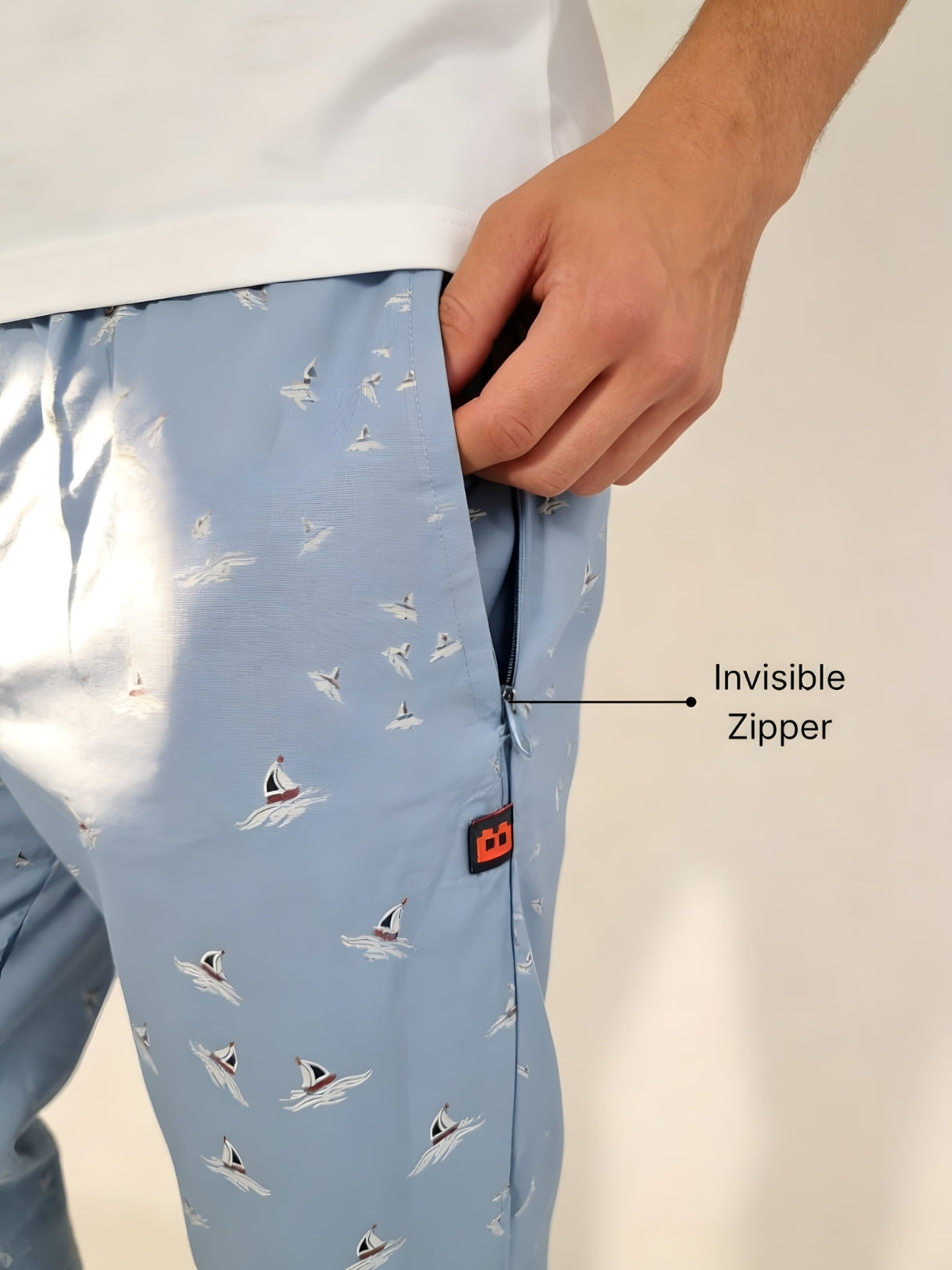 Boxy Crew Men's Night Suit Set - White T-Shirt & Sky Blue Printed Lounge Pyjama, 100% Cotton Sleepwear, No-Mark Elastic, Invisible Zip Pocket, Drawcord, Dual Pockets, – product image 4