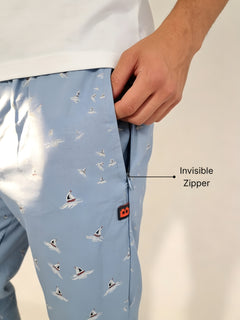 Boxy Crew Men's Night Suit Set - White T-Shirt & Sky Blue Printed Lounge Pyjama, 100% Cotton Sleepwear, No-Mark Elastic, Invisible Zip Pocket, Drawcord, Dual Pockets, – product image 4
