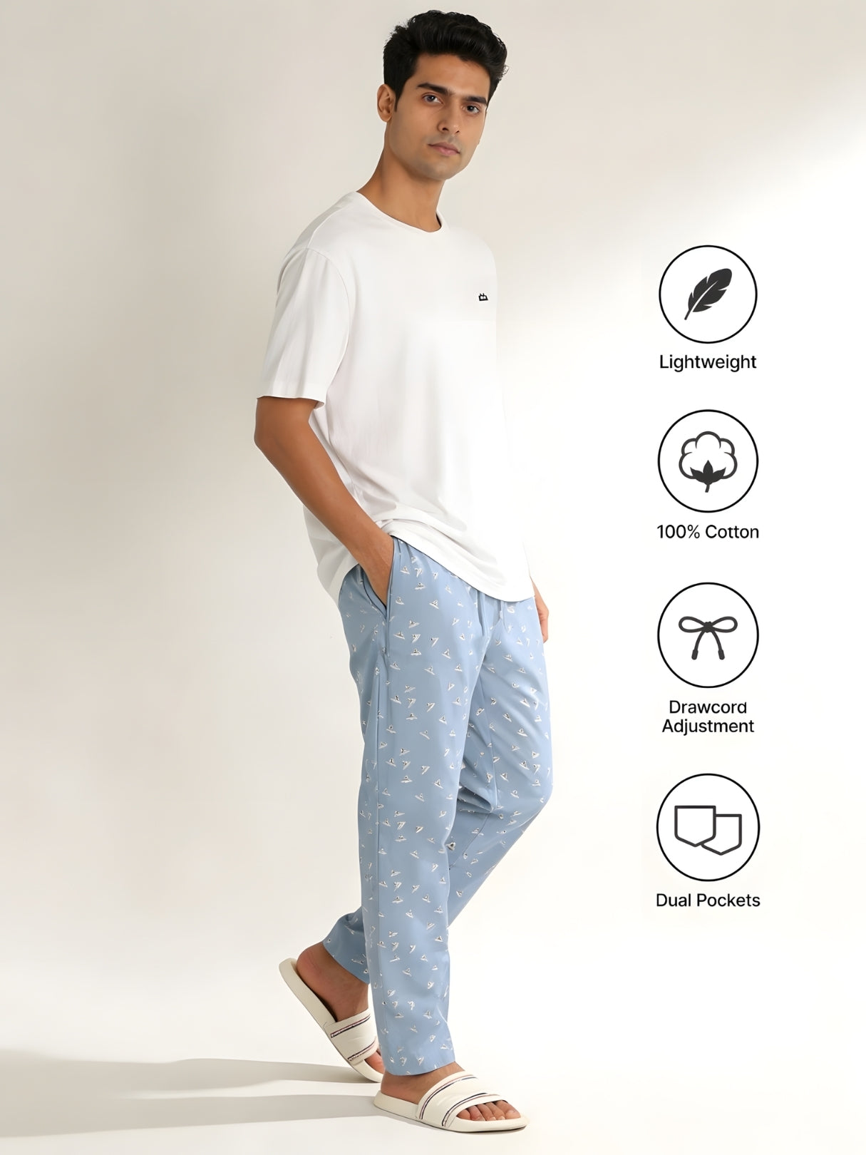 Boxy Crew Men's Night Suit Set - White T-Shirt & Sky Blue Printed Lounge Pyjama, 100% Cotton Sleepwear, No-Mark Elastic, Invisible Zip Pocket, Drawcord, Dual Pockets, – product image 5