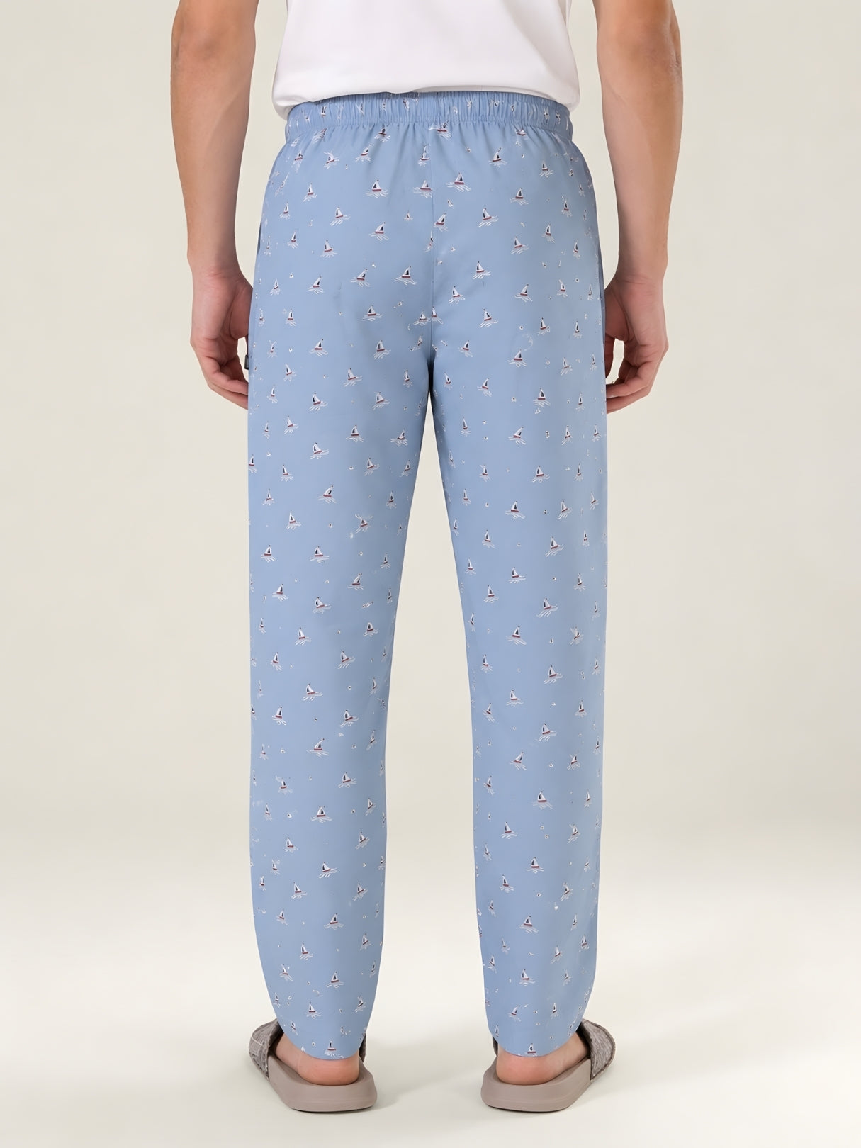 Boxy Crew Men's Night Suit Set - White T-Shirt & Sky Blue Printed Lounge Pyjama, 100% Cotton Sleepwear, No-Mark Elastic, Invisible Zip Pocket, Drawcord, Dual Pockets, – product image 7