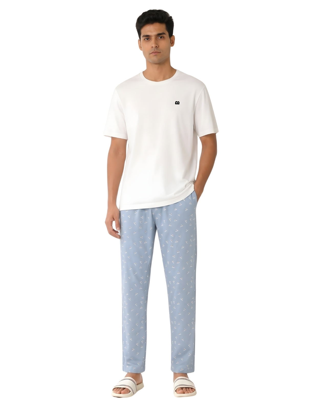 Boxy Crew Men's Night Suit Set - White T-Shirt & Sky Blue Printed Lounge Pyjama, 100% Cotton Sleepwear, No-Mark Elastic, Invisible Zip Pocket, Drawcord, Dual Pockets, – product image 8