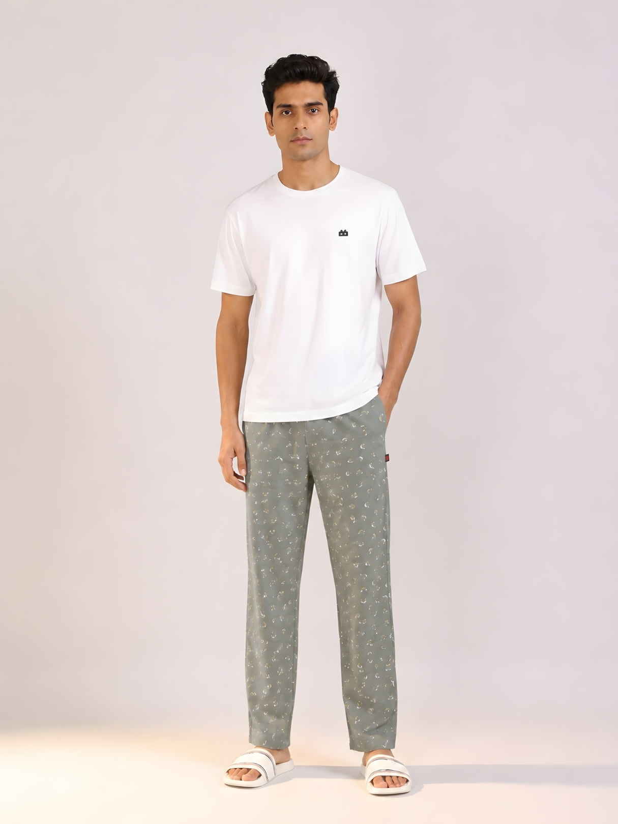 Boxy Crew Men's Night Suit Set - White T-Shirt & Green Printed Lounge Pyjama, 100% Cotton Sleepwear, No-Mark Elastic, Invisible Zip Pocket, Drawcord, Dual Pockets, Relaxed Fit, – product image 1