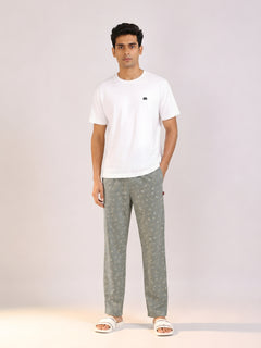 Boxy Crew Men's Night Suit Set - White T-Shirt & Green Printed Lounge Pyjama, 100% Cotton Sleepwear, No-Mark Elastic, Invisible Zip Pocket, Drawcord, Dual Pockets, Relaxed Fit, – product image 1