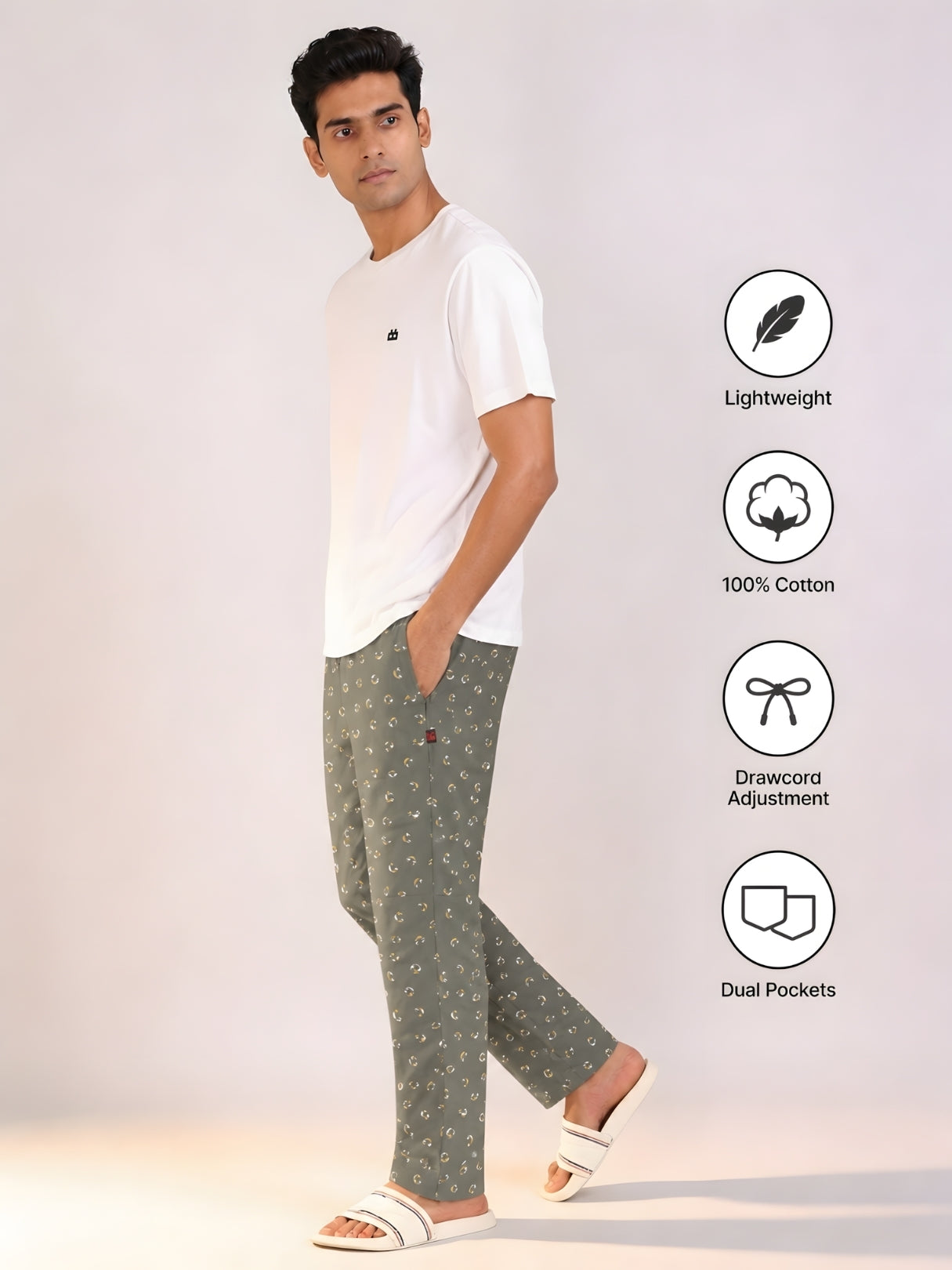 Boxy Crew Men's Night Suit Set - White T-Shirt & Green Printed Lounge Pyjama, 100% Cotton Sleepwear, No-Mark Elastic, Invisible Zip Pocket, Drawcord, Dual Pockets, Relaxed Fit, – product image 5