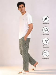 Boxy Crew Men's Night Suit Set - White T-Shirt & Green Printed Lounge Pyjama, 100% Cotton Sleepwear, No-Mark Elastic, Invisible Zip Pocket, Drawcord, Dual Pockets, Relaxed Fit, – product image 5