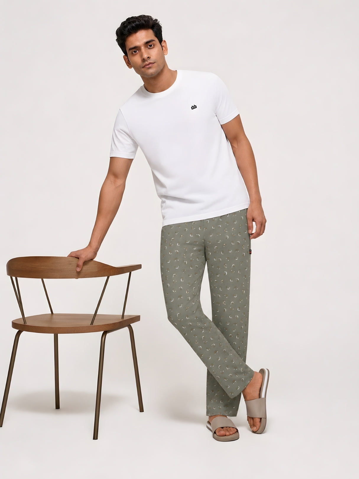 Boxy Crew Men's Night Suit Set - White T-Shirt & Green Printed Lounge Pyjama, 100% Cotton Sleepwear, No-Mark Elastic, Invisible Zip Pocket, Drawcord, Dual Pockets, Relaxed Fit, – product image 6
