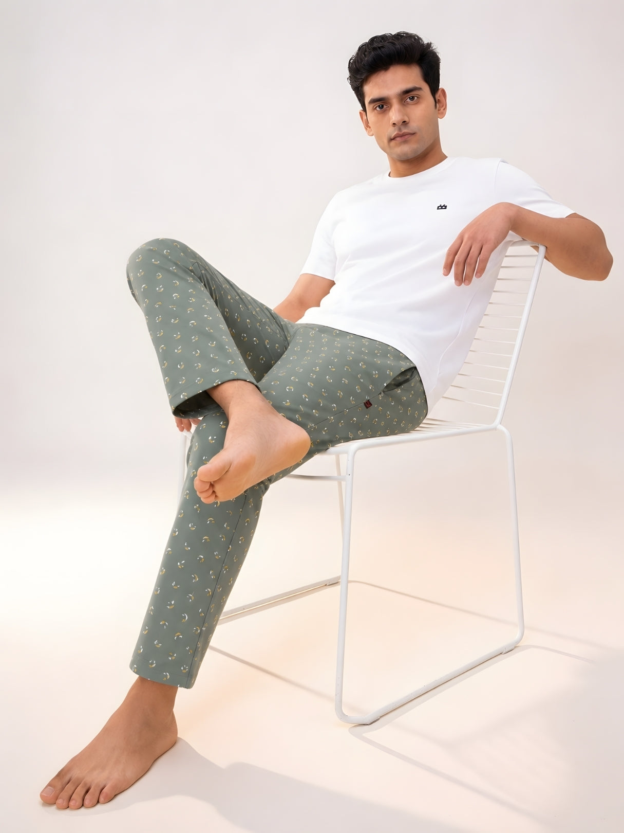 Boxy Crew Men's Night Suit Set - White T-Shirt & Green Printed Lounge Pyjama, 100% Cotton Sleepwear, No-Mark Elastic, Invisible Zip Pocket, Drawcord, Dual Pockets, Relaxed Fit, – product image 7