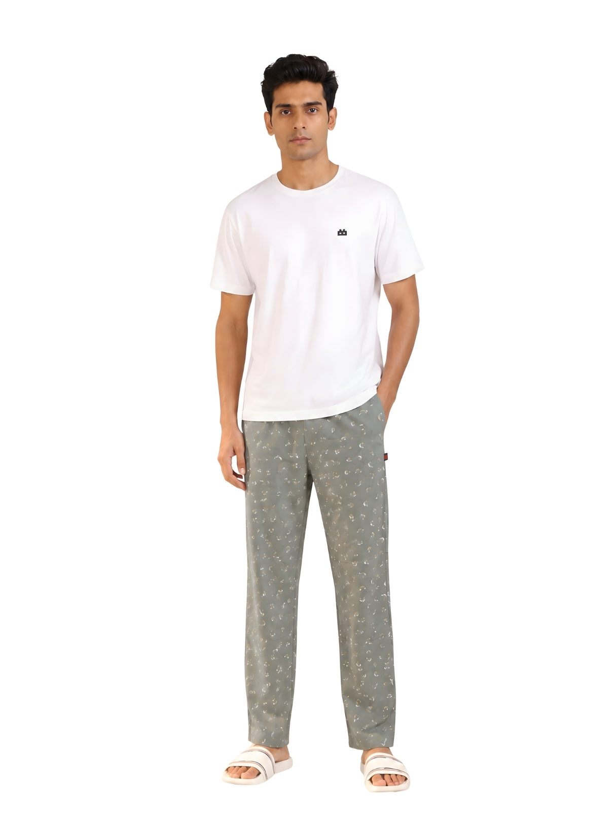 Boxy Crew Men's Night Suit Set - White T-Shirt & Green Printed Lounge Pyjama, 100% Cotton Sleepwear, No-Mark Elastic, Invisible Zip Pocket, Drawcord, Dual Pockets, Relaxed Fit, – product image 8