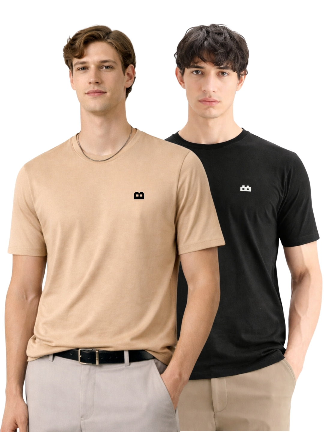 Boxy Crew Men 100% Cotton Regular Fit Round Neck Half Sleeve Solid Casual T-Shirt Combo Pack of 2 | Beige + Black front studio view