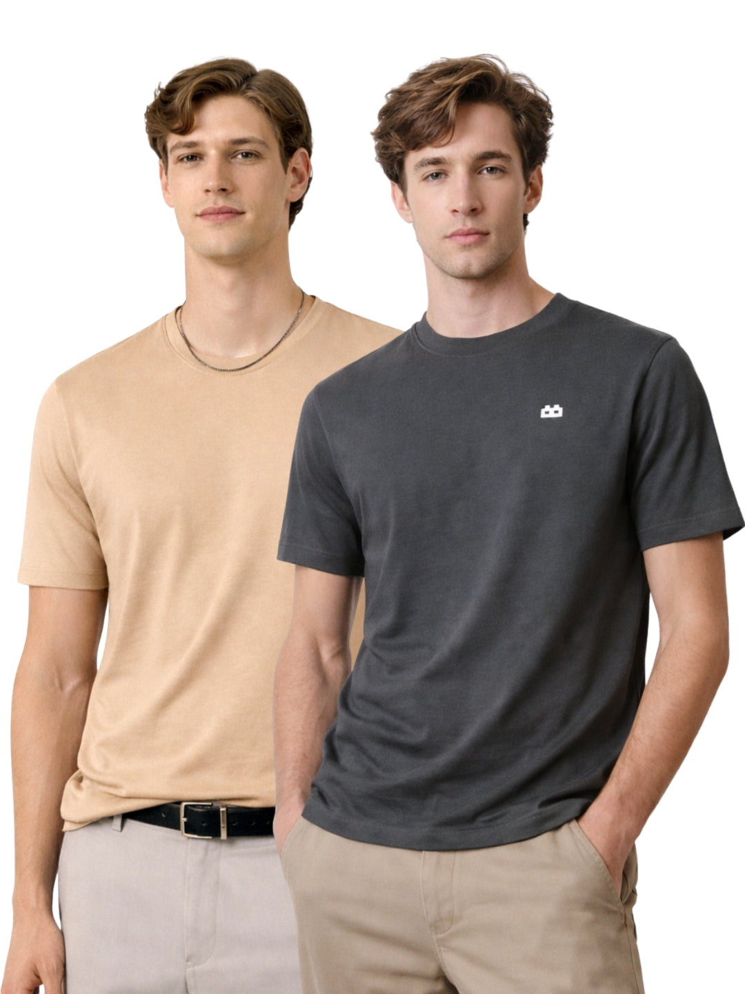 Boxy Crew Men 100% Cotton Regular Fit Round Neck Half Sleeve Solid Casual T-Shirt Combo Pack of 2 | Beige + Charcoal Grey front studio view